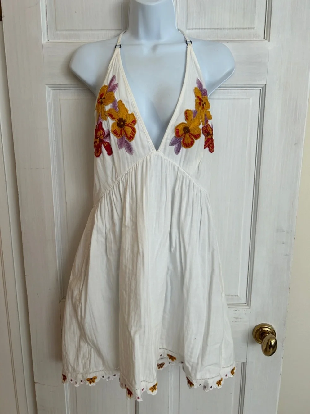 Free People White Mini Dress with Yellow & Red Floral Embroidery and Pockets - Picture 1 of 2